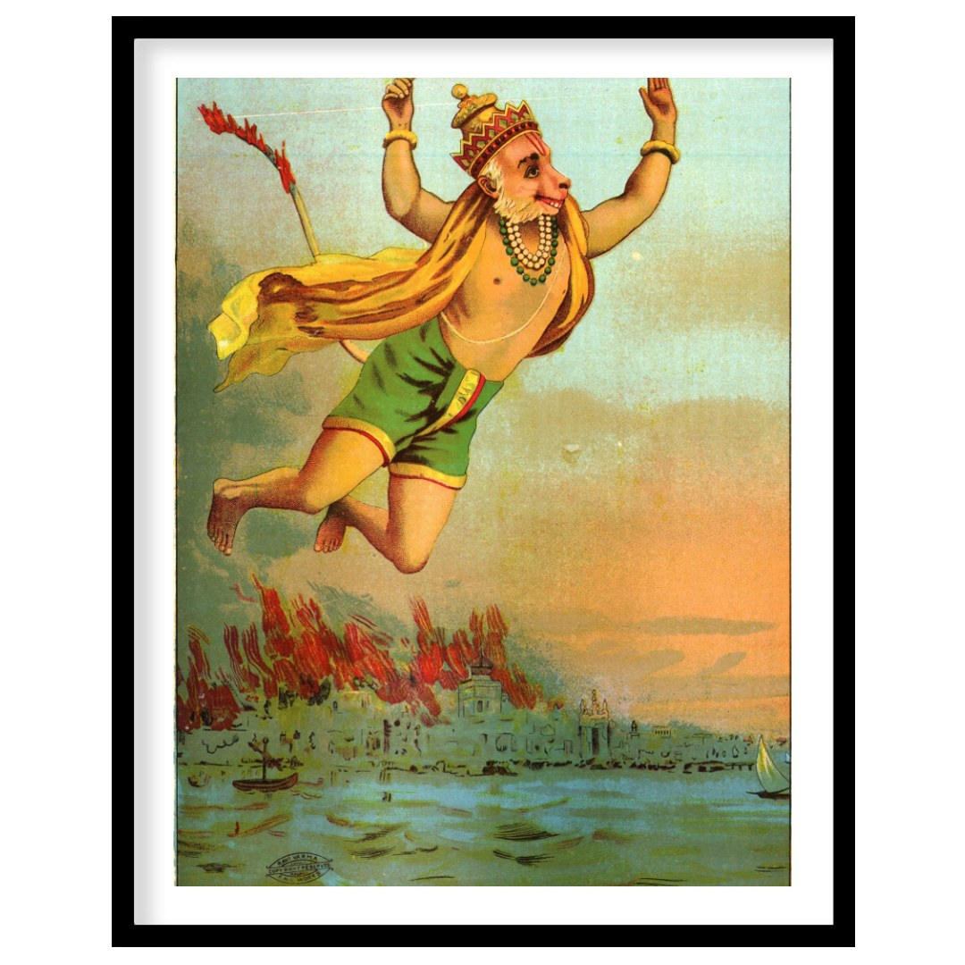 This vibrant artwork captures the legendary figure of Hanuman soaring heroically above a tranquil for bedroom