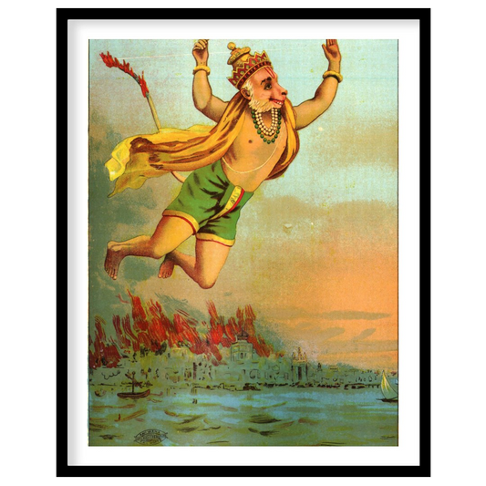 This vibrant artwork captures the legendary figure of Hanuman soaring heroically above a tranquil for bedroom