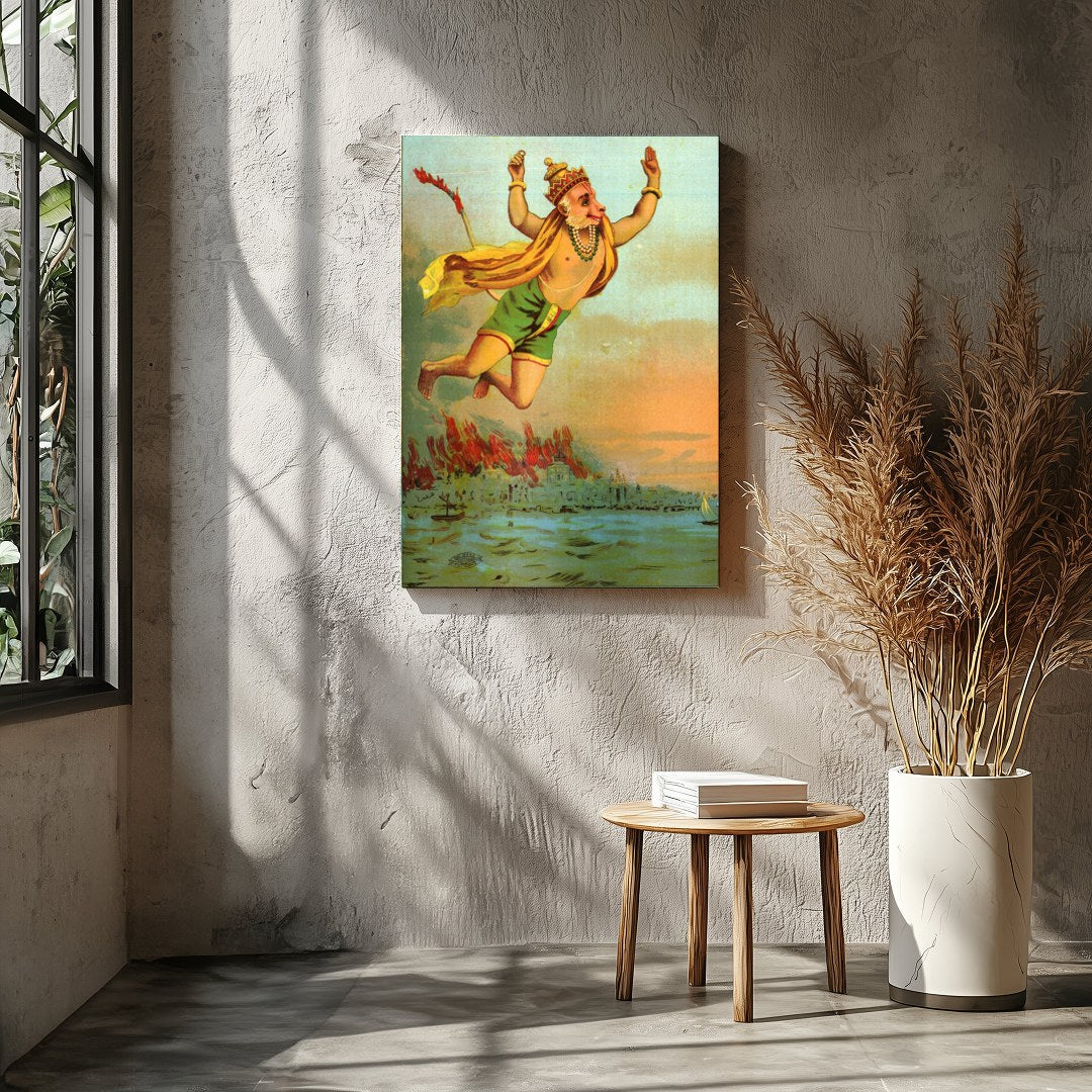 This vibrant artwork captures the legendary figure of Hanuman soaring heroically above a tranquil for Entrance