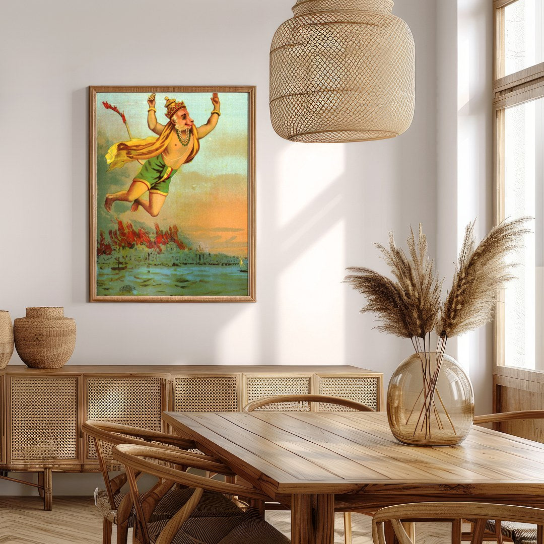 This vibrant artwork captures the legendary figure of Hanuman soaring heroically above a tranquil for Extra Kitchen