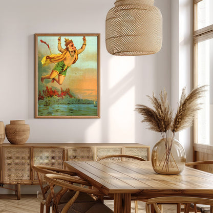 This vibrant artwork captures the legendary figure of Hanuman soaring heroically above a tranquil for Extra Kitchen