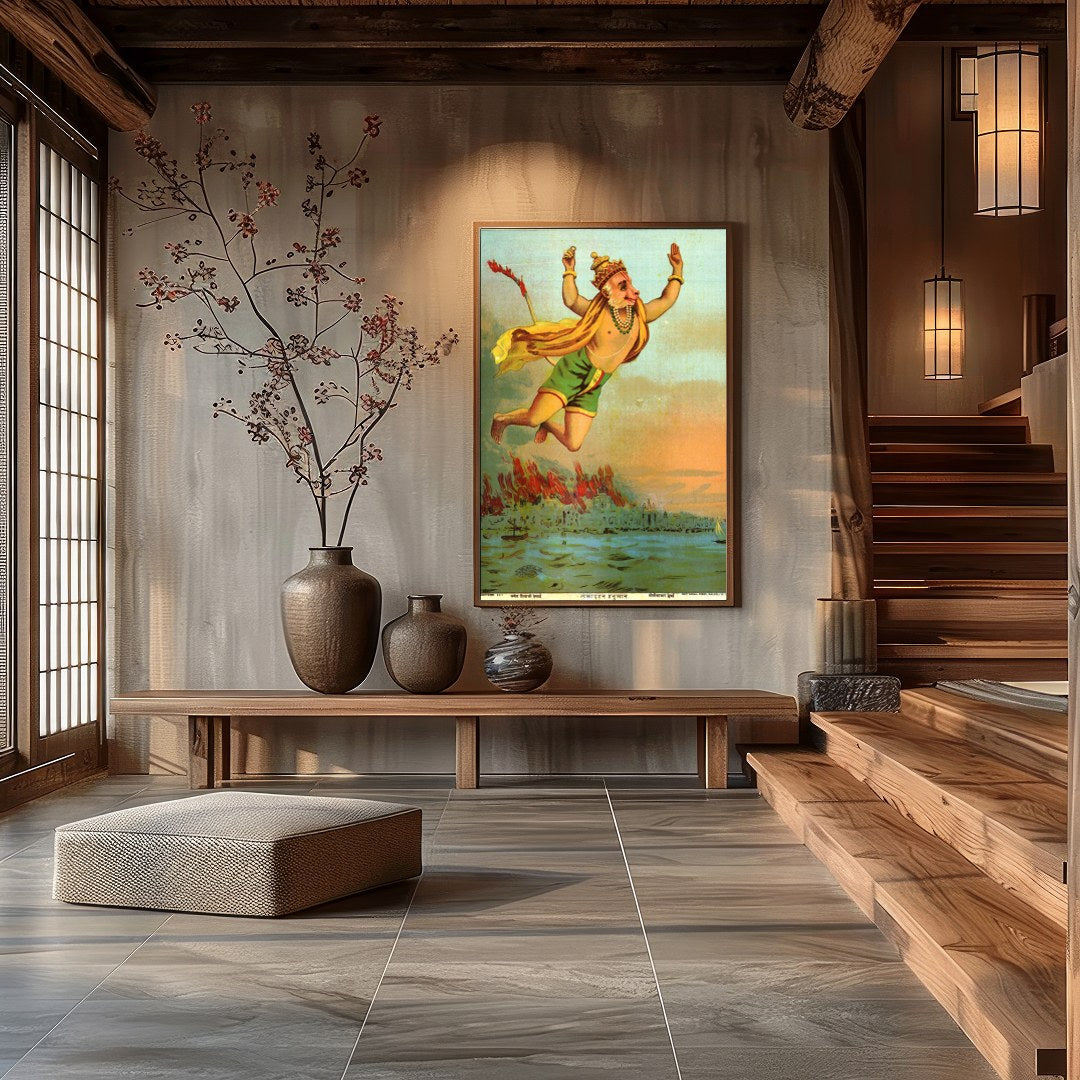 This vibrant artwork captures the legendary figure of Hanuman soaring heroically above a tranquil for Hall