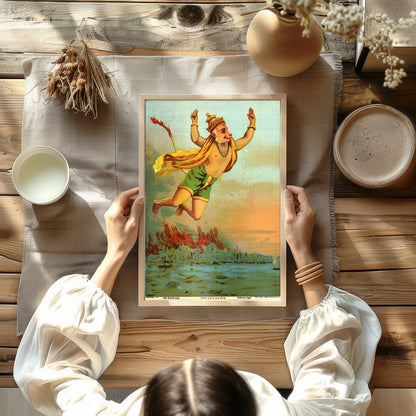 This vibrant artwork captures the legendary figure of Hanuman soaring heroically above a tranquil for Kitchen