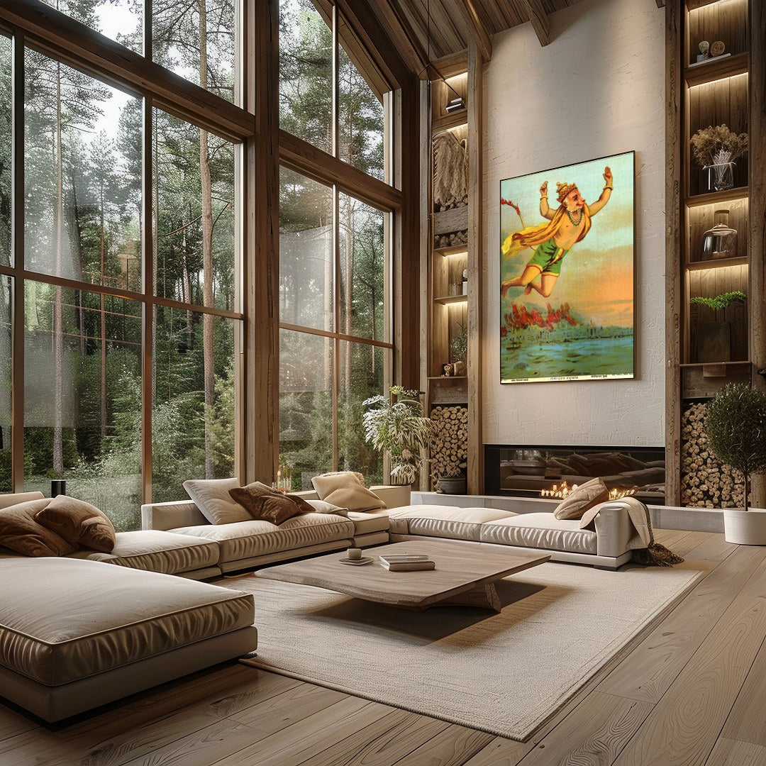 This vibrant artwork captures the legendary figure of Hanuman soaring heroically above a tranquil for Living Room