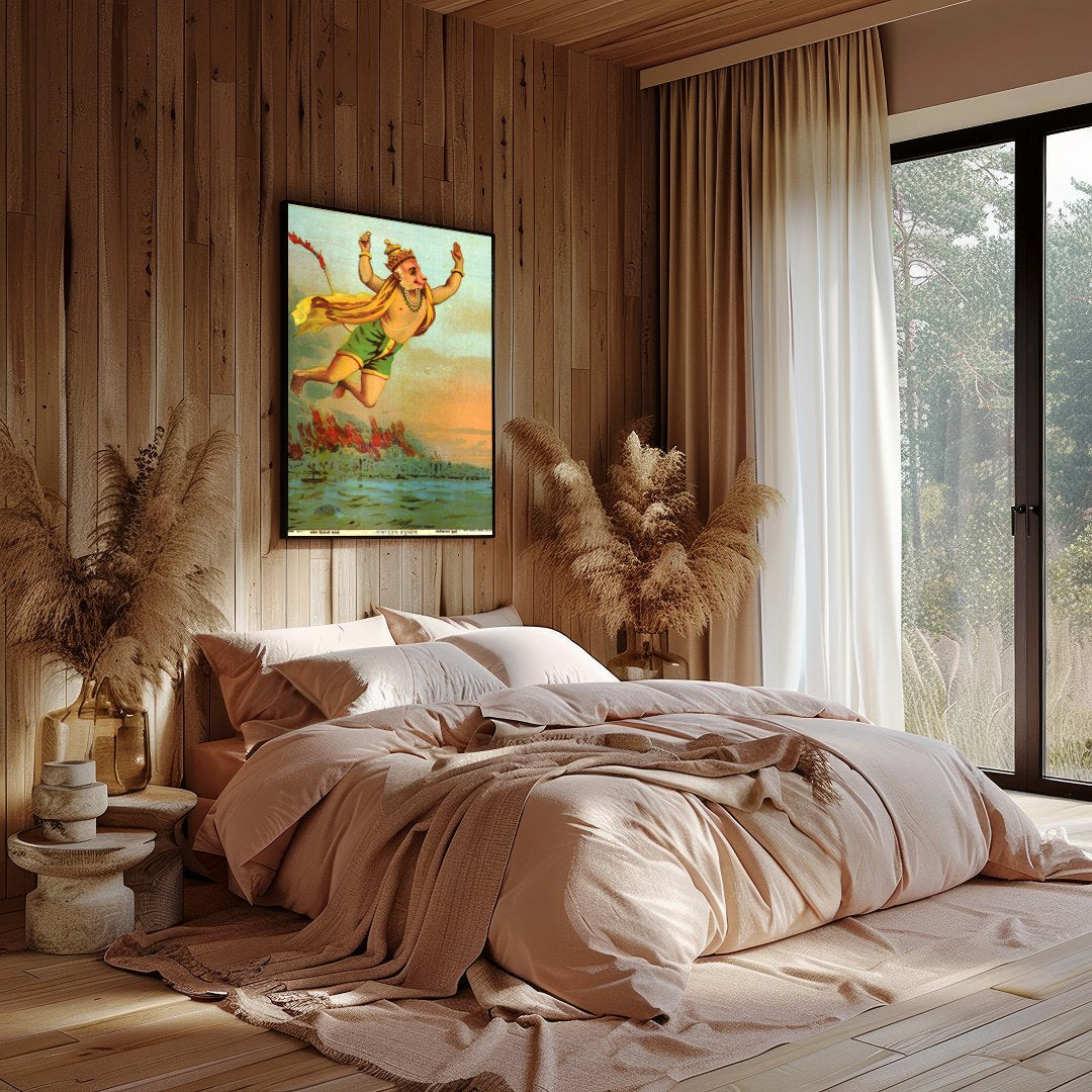 This vibrant artwork captures the legendary figure of Hanuman soaring heroically above a tranquil for nook