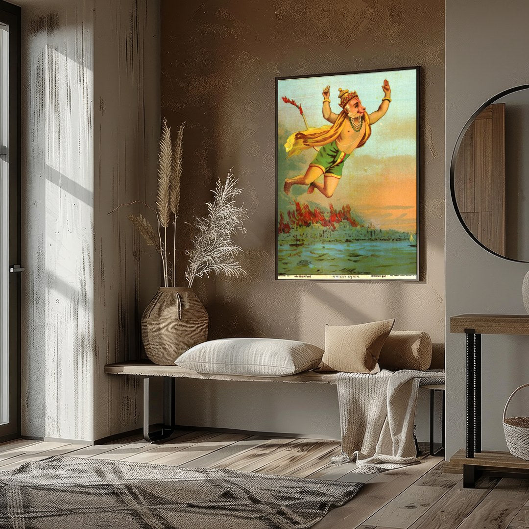 This vibrant artwork captures the legendary figure of Hanuman soaring heroically above a tranquil for retreat