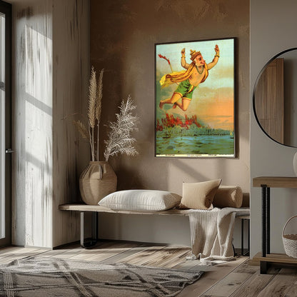This vibrant artwork captures the legendary figure of Hanuman soaring heroically above a tranquil for retreat