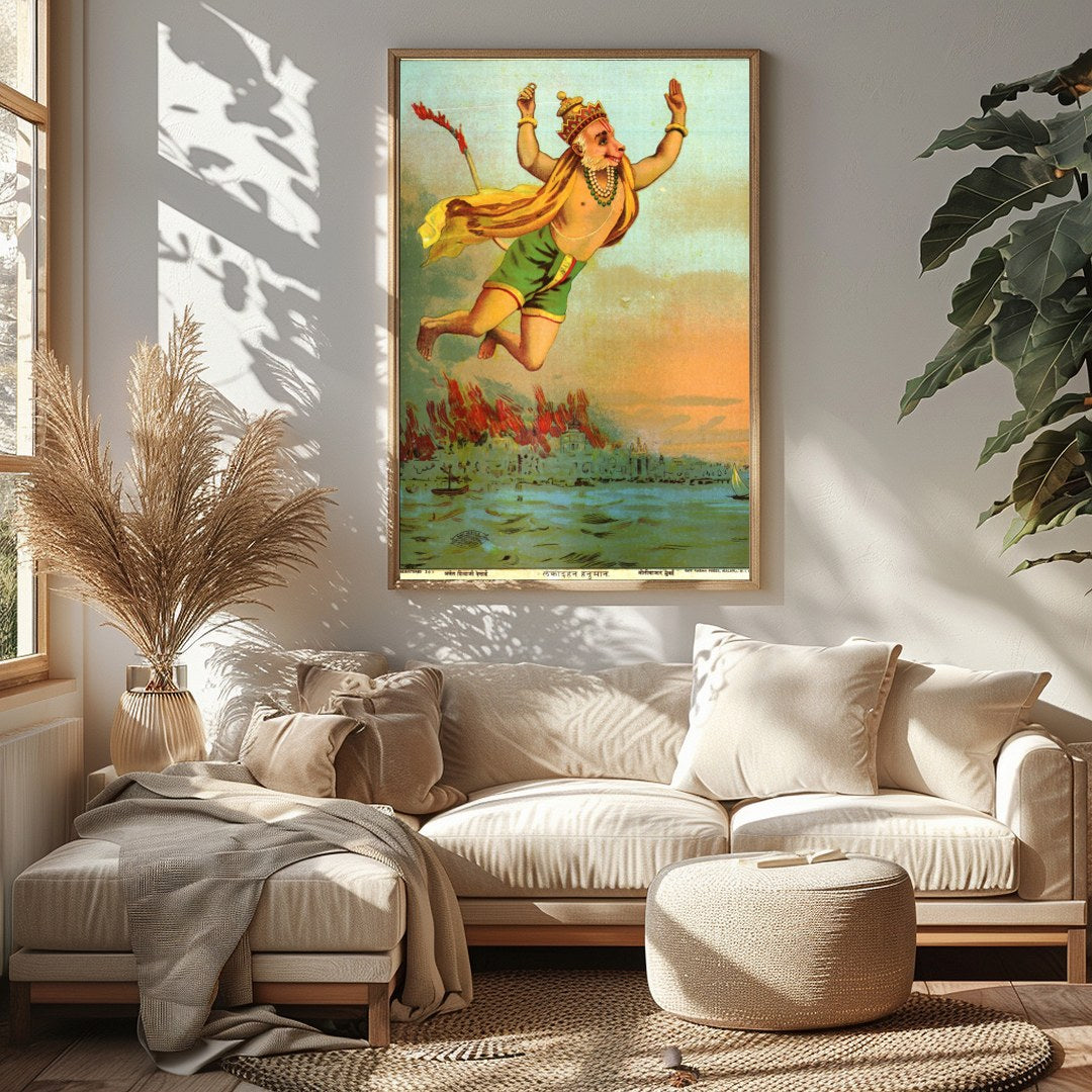 This vibrant artwork captures the legendary figure of Hanuman soaring heroically above a tranquil for Sitting Area