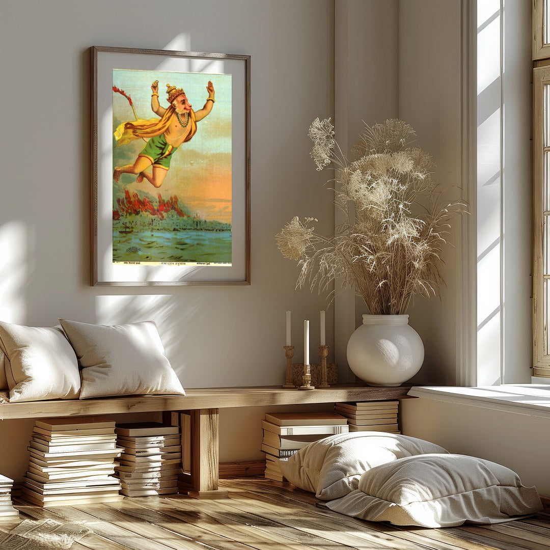 This vibrant artwork captures the legendary figure of Hanuman soaring heroically above a tranquil for studio