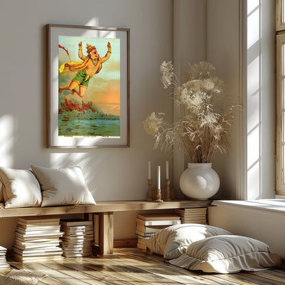 This vibrant artwork captures the legendary figure of Hanuman soaring heroically above a tranquil for studio