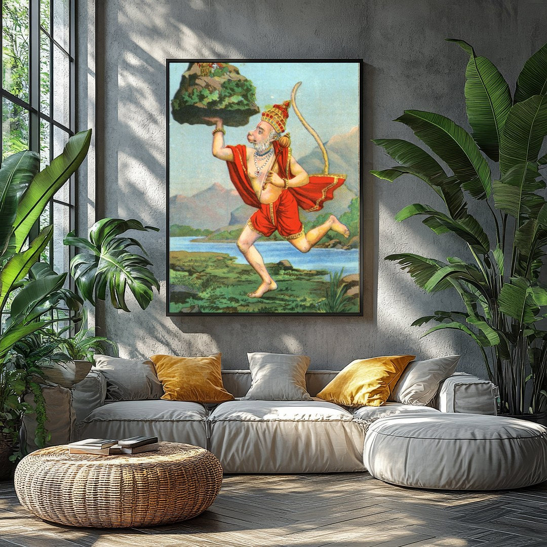 Capture the essence of divinity and strength with this vibrant depiction of Hanuman carrying a for Balcony