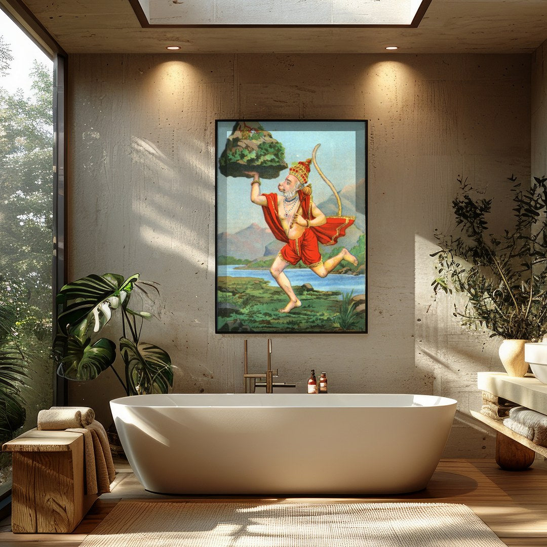 Capture the essence of divinity and strength with this vibrant depiction of Hanuman carrying a for Bathroom