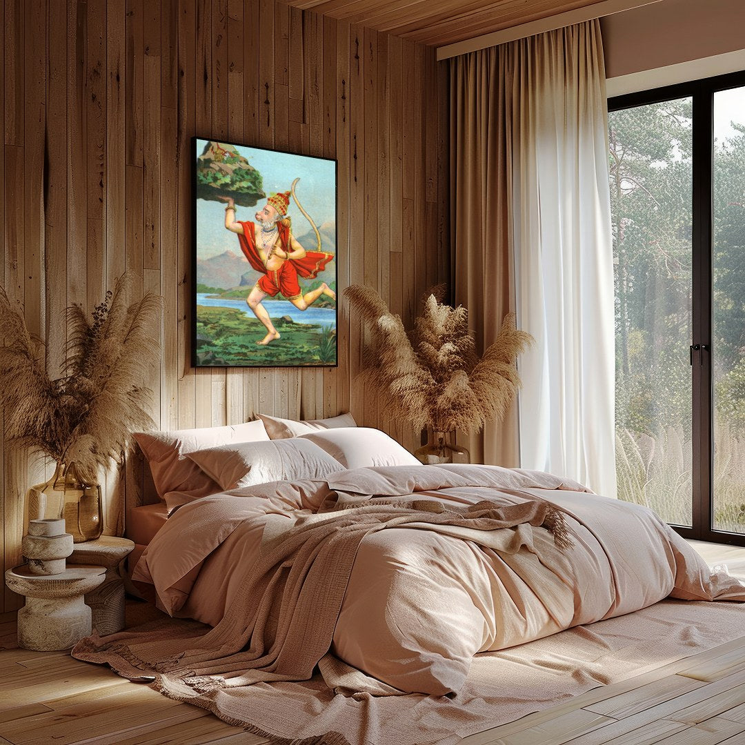 Capture the essence of divinity and strength with this vibrant depiction of Hanuman carrying a for Bedroom