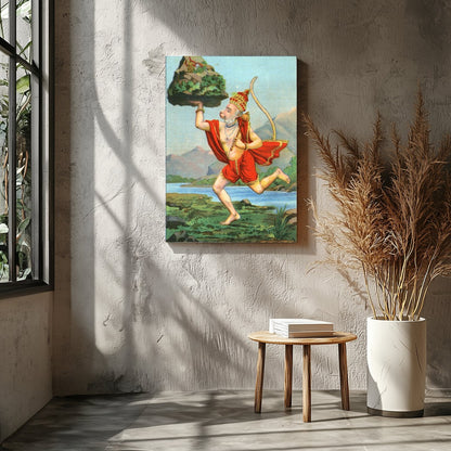 Capture the essence of divinity and strength with this vibrant depiction of Hanuman carrying a for Entrance