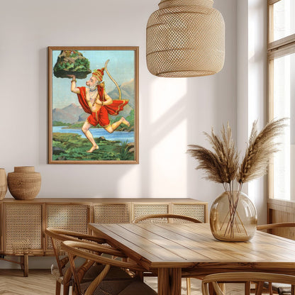 Capture the essence of divinity and strength with this vibrant depiction of Hanuman carrying a for Extra Kitchen