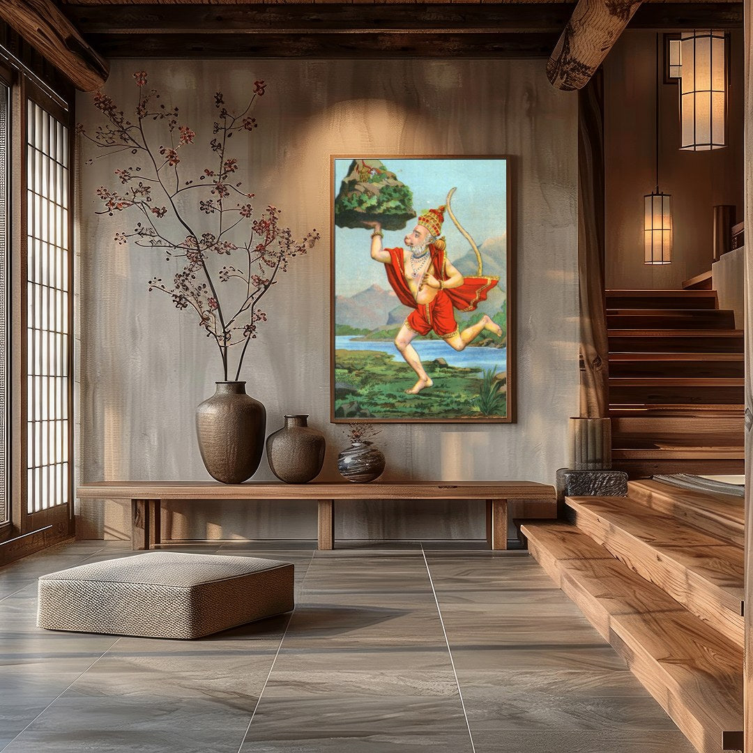 Capture the essence of divinity and strength with this vibrant depiction of Hanuman carrying a for Hall