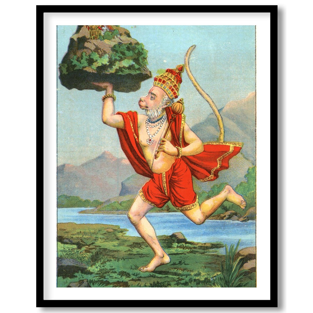 Capture the essence of divinity and strength with this vibrant depiction of Hanuman carrying a for haven