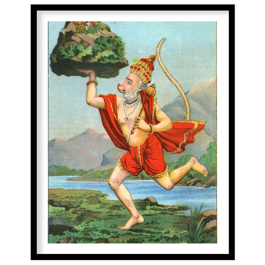Capture the essence of divinity and strength with this vibrant depiction of Hanuman carrying a for haven