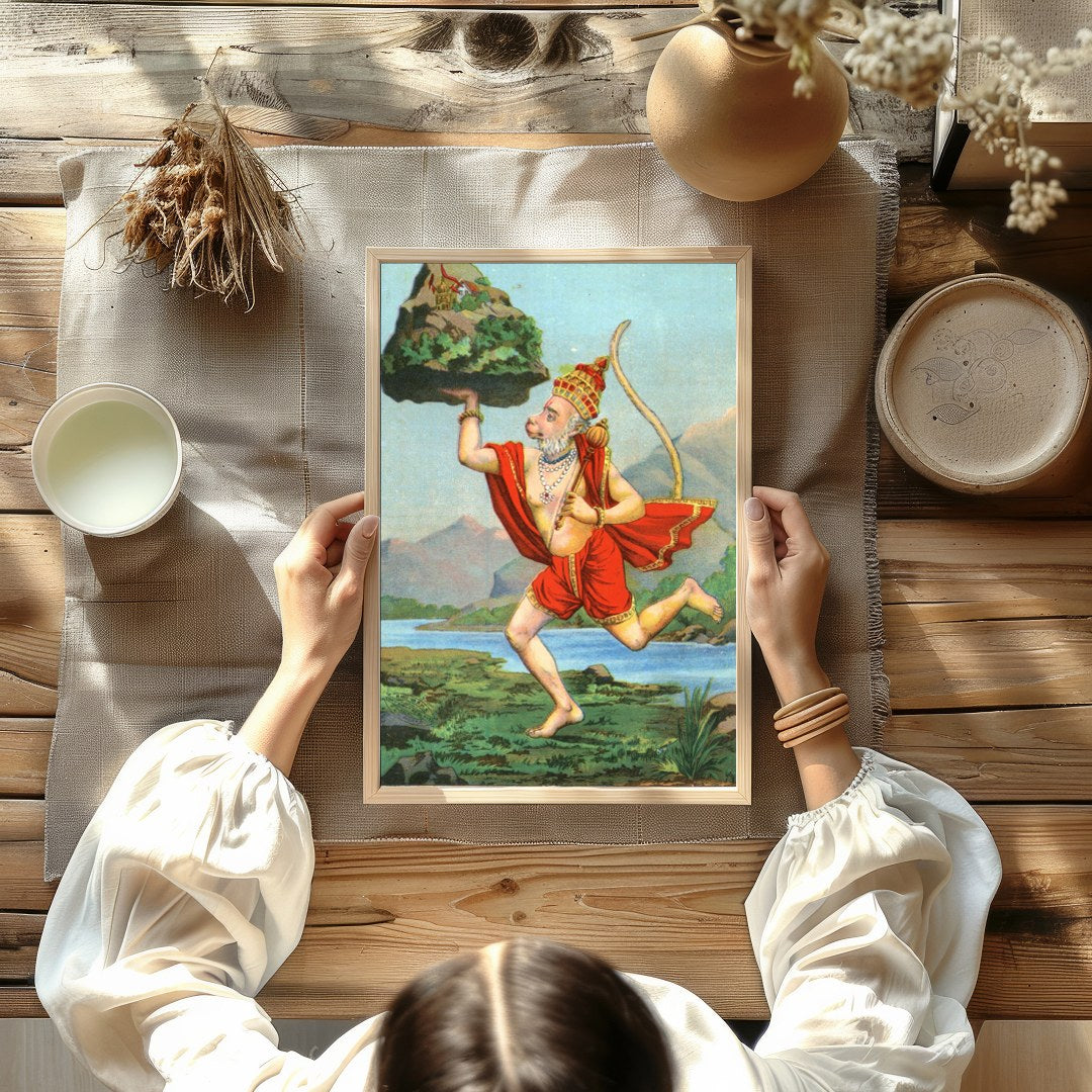 Capture the essence of divinity and strength with this vibrant depiction of Hanuman carrying a for Kitchen