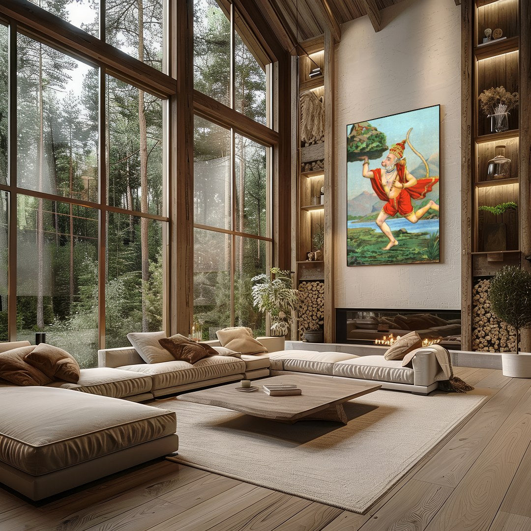Capture the essence of divinity and strength with this vibrant depiction of Hanuman carrying a for Living Room