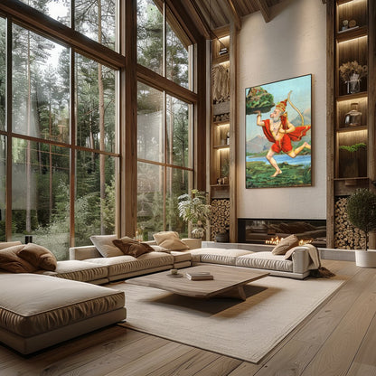 Capture the essence of divinity and strength with this vibrant depiction of Hanuman carrying a for Living Room