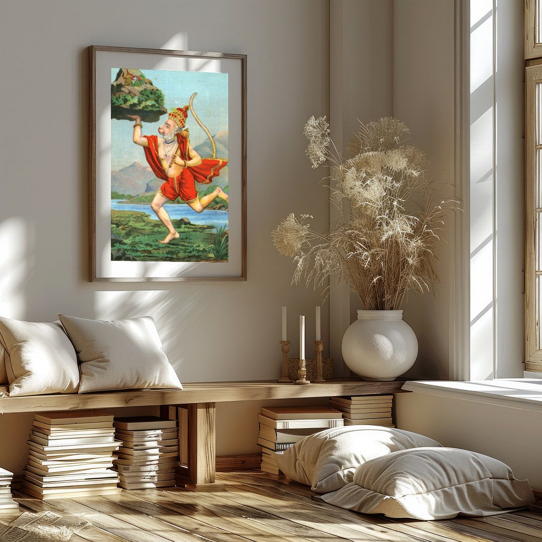 Capture the essence of divinity and strength with this vibrant depiction of Hanuman carrying a for sanctuary