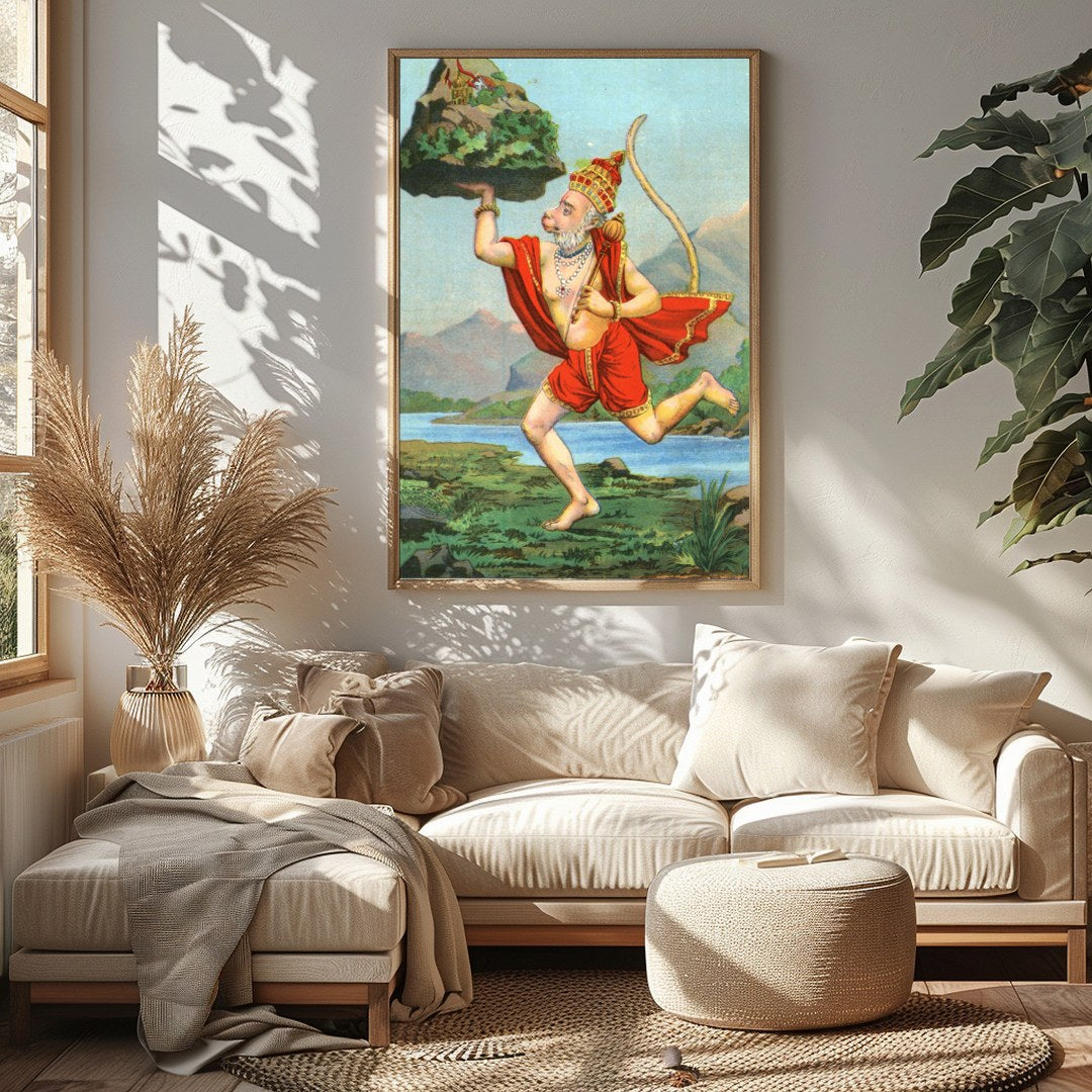 Capture the essence of divinity and strength with this vibrant depiction of Hanuman carrying a for Sitting Area