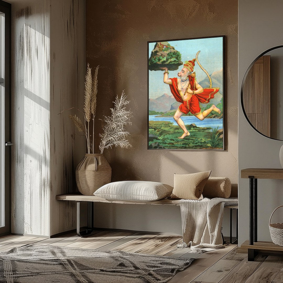 Capture the essence of divinity and strength with this vibrant depiction of Hanuman carrying a for space