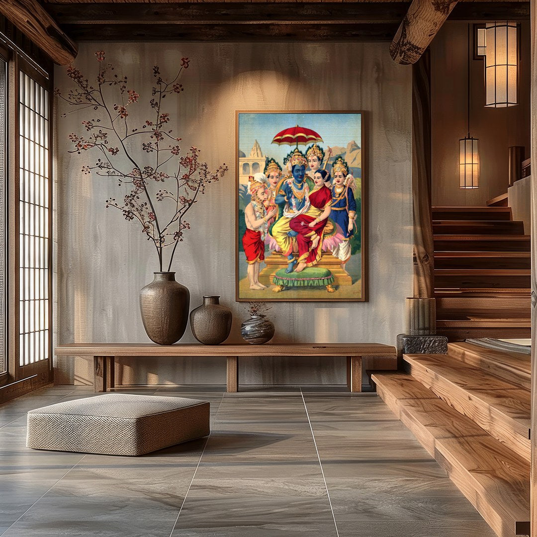 This exquisite artwork captures a divine scene with vibrant, historical detail. The harmonious for Hall