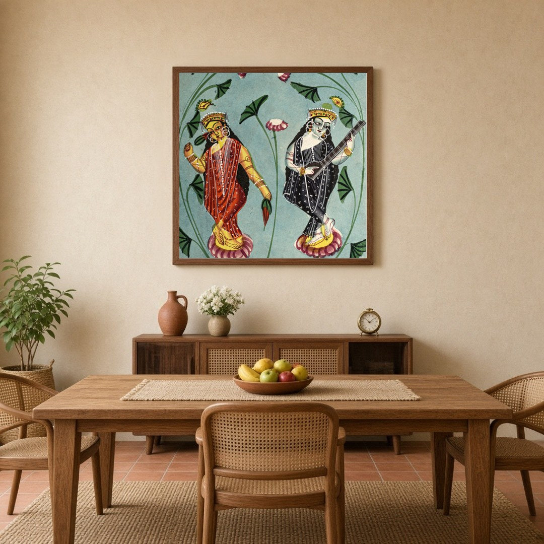 This exquisite Kalighat painting beautifully captures the serenity and grace of Goddesses Lakshmi for Dining