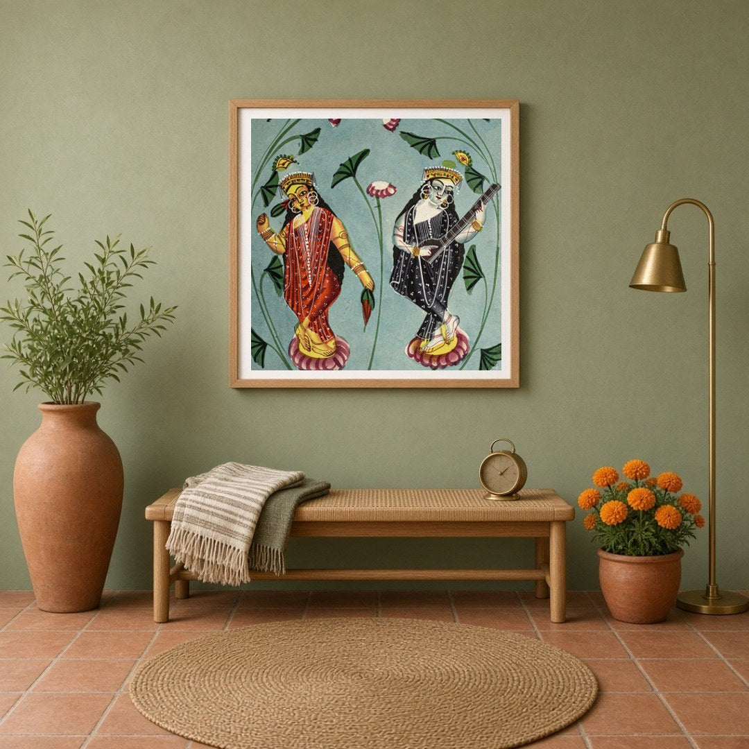 This exquisite Kalighat painting beautifully captures the serenity and grace of Goddesses Lakshmi for Entrance