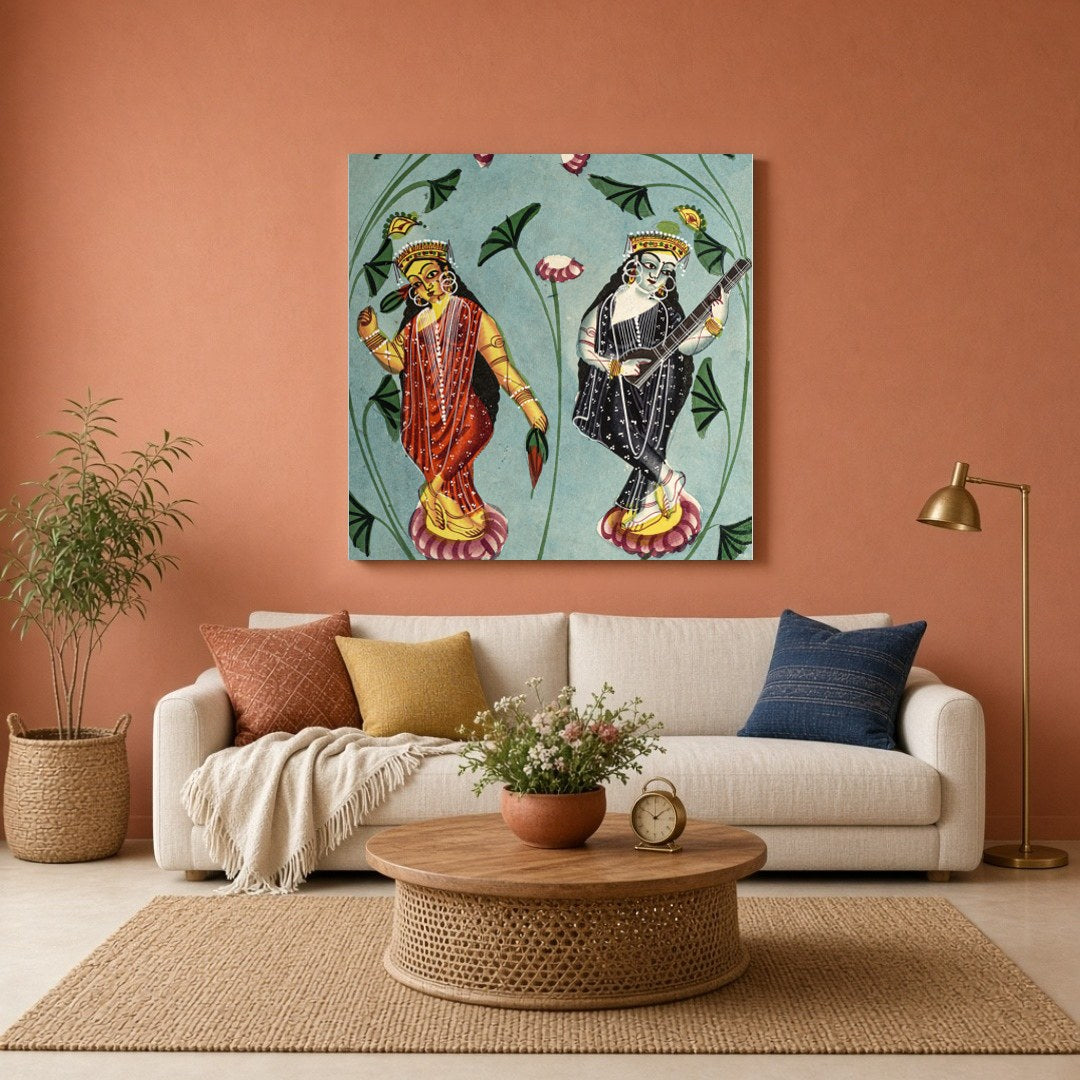 This exquisite Kalighat painting beautifully captures the serenity and grace of Goddesses Lakshmi for Living Room