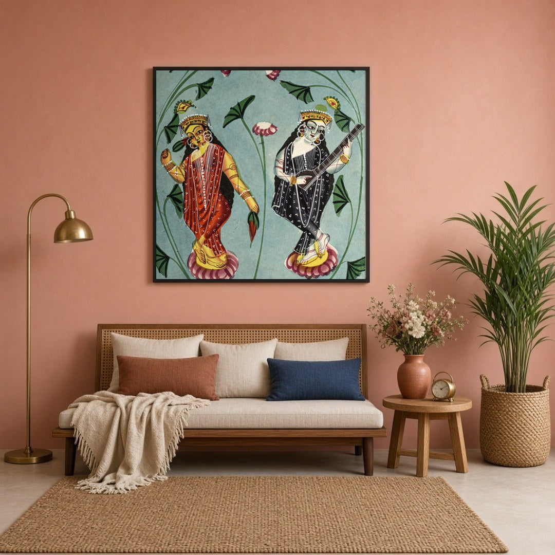 This exquisite Kalighat painting beautifully captures the serenity and grace of Goddesses Lakshmi for Sitting Lounge