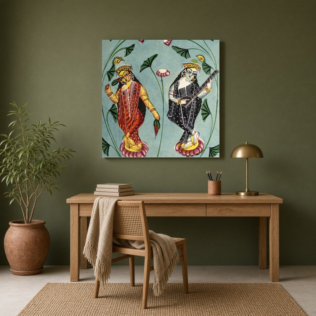This exquisite Kalighat painting beautifully captures the serenity and grace of Goddesses Lakshmi for Study