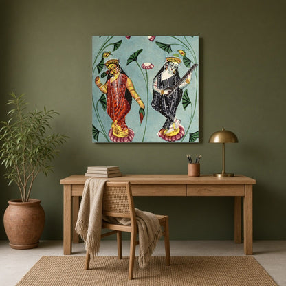 This exquisite Kalighat painting beautifully captures the serenity and grace of Goddesses Lakshmi for Study