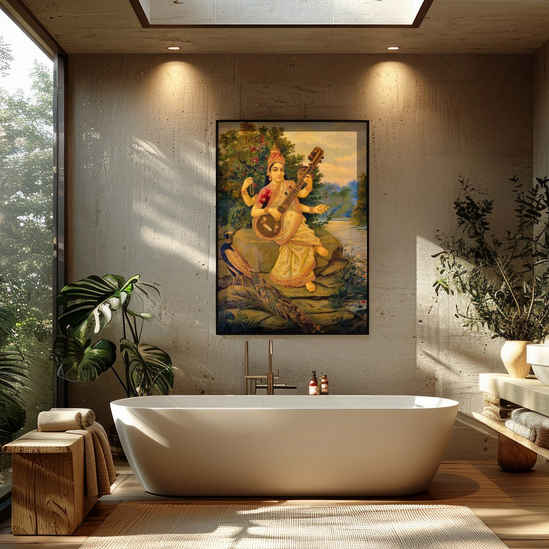 Immerse yourself in the serene beauty of this exquisite artwork depicting a goddess gracefully for Bathroom
