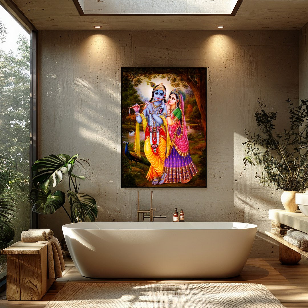 Immerse yourself in spiritual elegance with this vibrant artwork depicting a serene divine couple for Bathroom