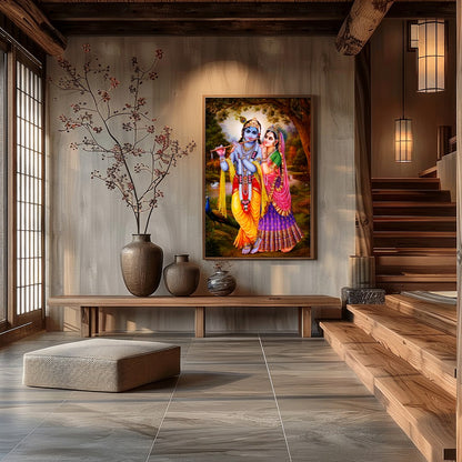 Immerse yourself in spiritual elegance with this vibrant artwork depicting a serene divine couple for Hall