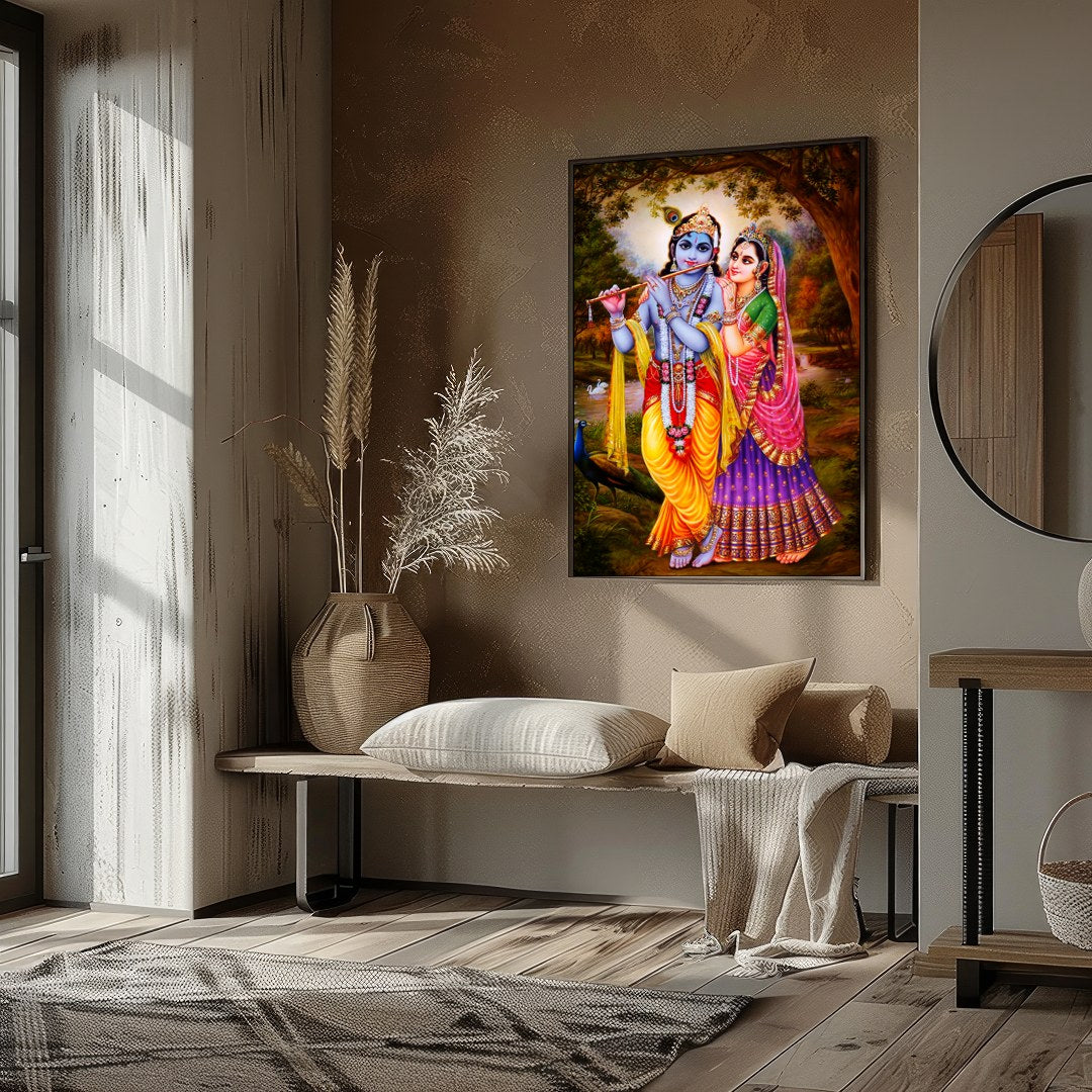 Immerse yourself in spiritual elegance with this vibrant artwork depicting a serene divine couple for residence