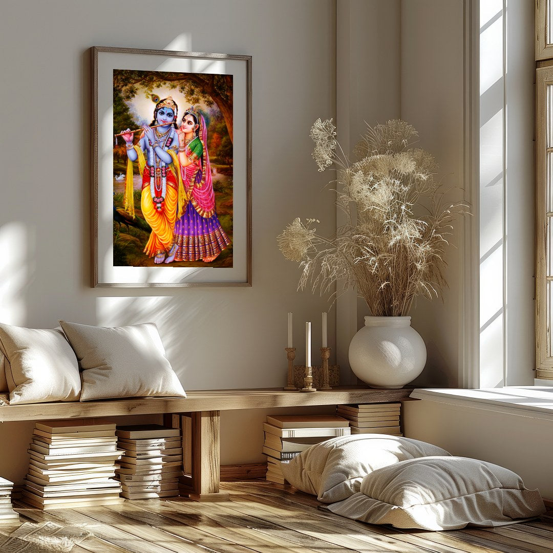 Immerse yourself in spiritual elegance with this vibrant artwork depicting a serene divine couple for retreat