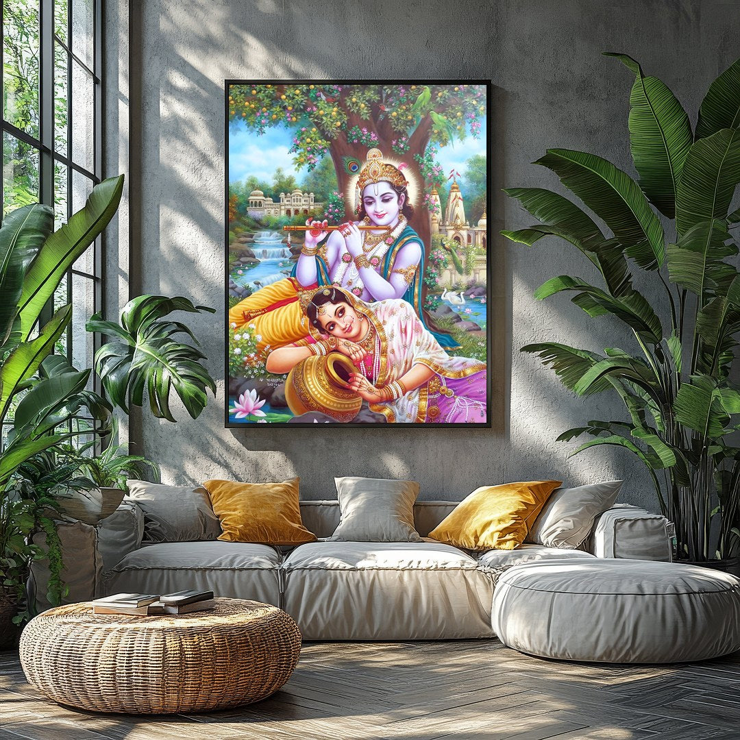 Immerse your space in the divine grace of Krishna and Radha, rendered in vibrant detail. This for Balcony