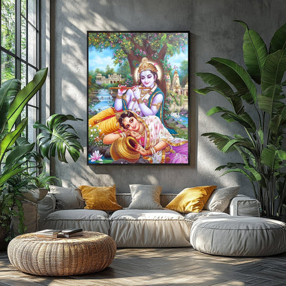 Immerse your space in the divine grace of Krishna and Radha, rendered in vibrant detail. This for Balcony
