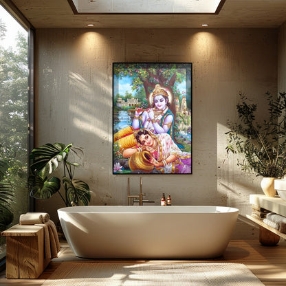 Immerse your space in the divine grace of Krishna and Radha, rendered in vibrant detail. This for Bathroom