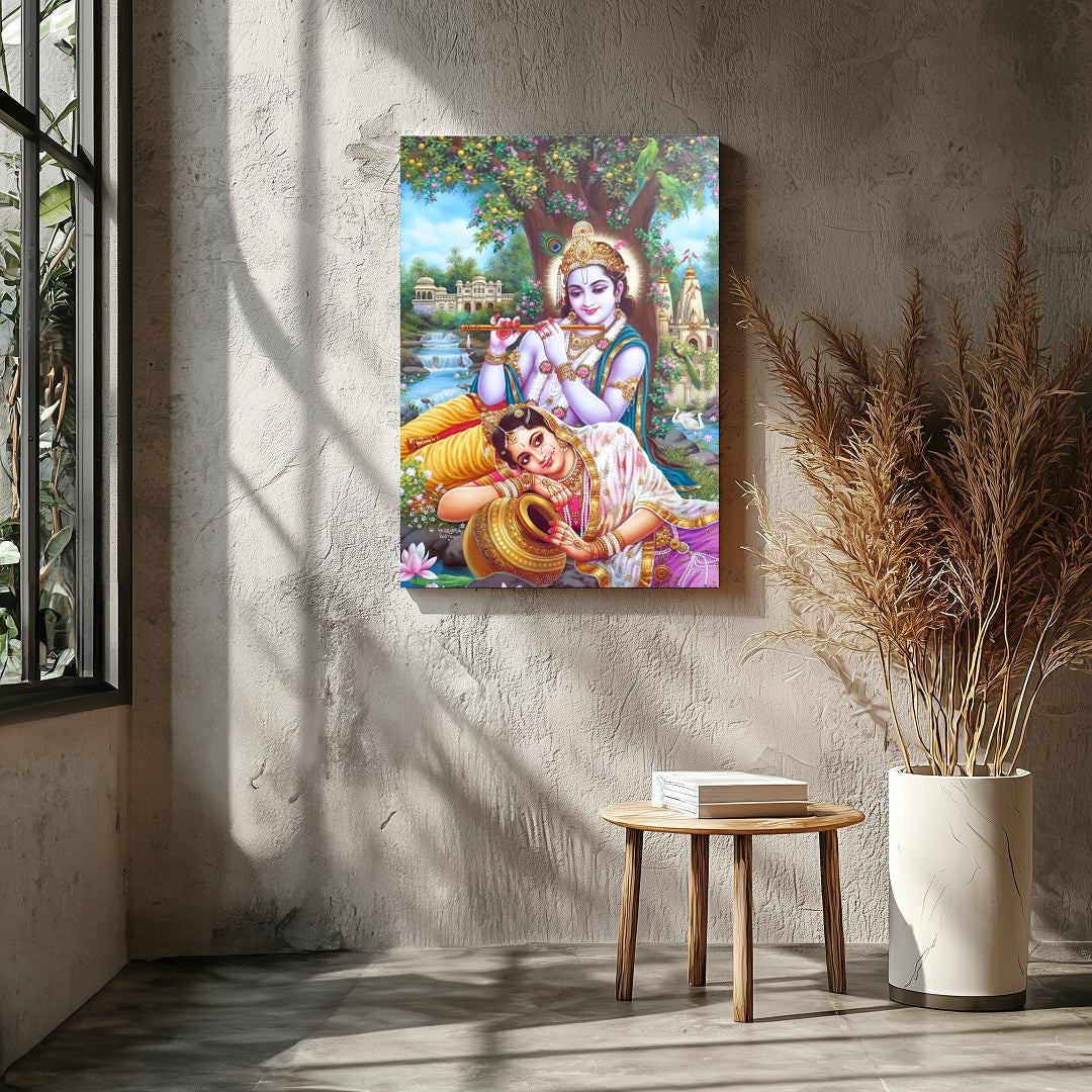 Immerse your space in the divine grace of Krishna and Radha, rendered in vibrant detail. This for Entrance