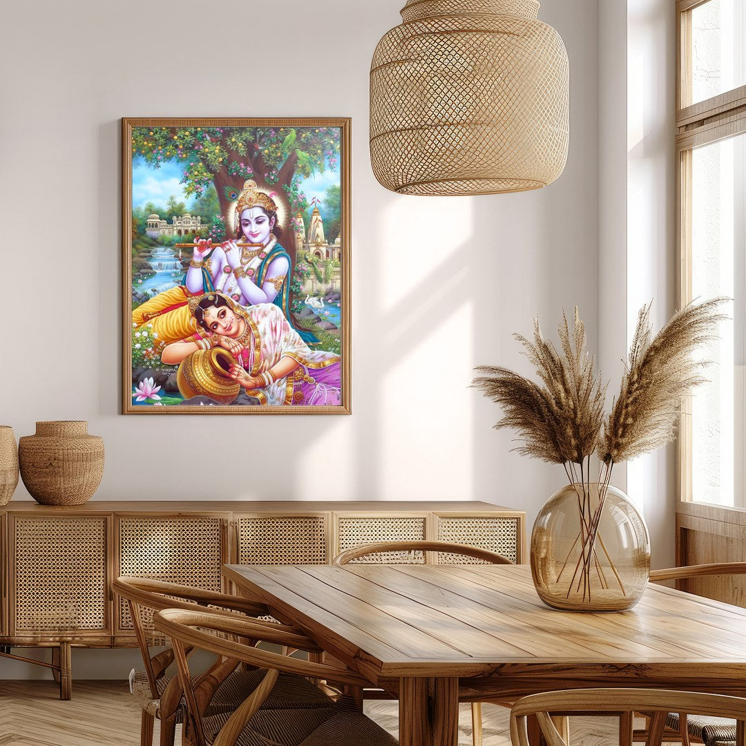 Immerse your space in the divine grace of Krishna and Radha, rendered in vibrant detail. This for Extra Kitchen
