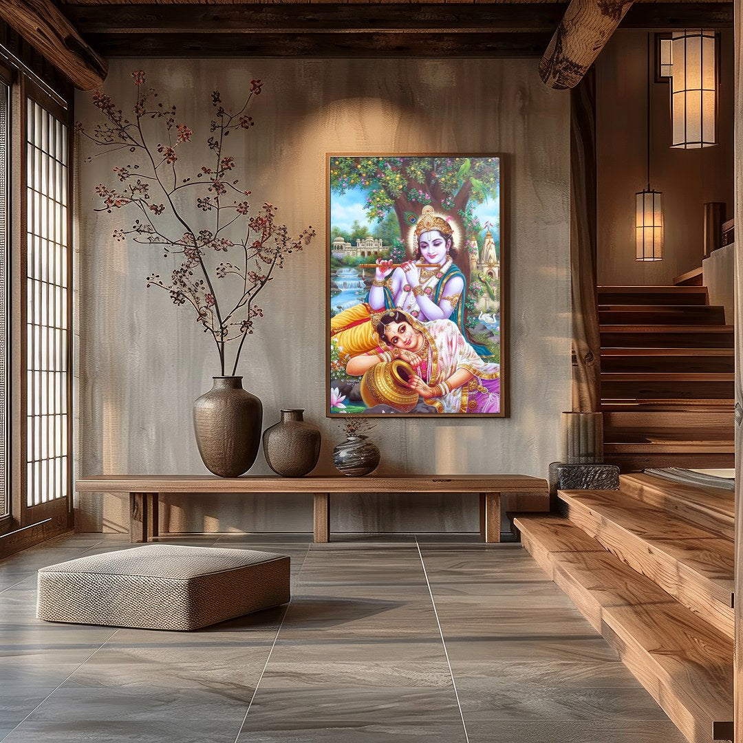Immerse your space in the divine grace of Krishna and Radha, rendered in vibrant detail. This for Hall