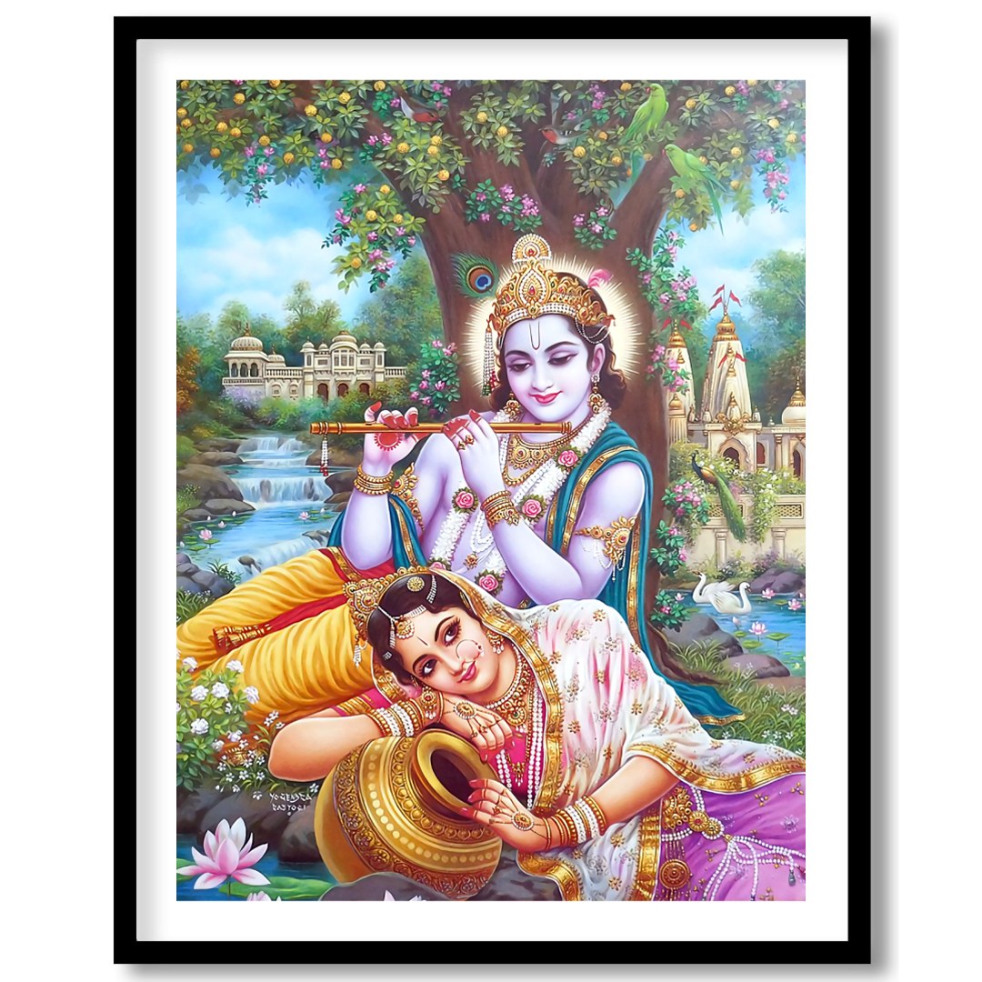 Immerse your space in the divine grace of Krishna and Radha, rendered in vibrant detail. This for interior
