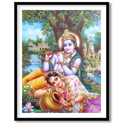Immerse your space in the divine grace of Krishna and Radha, rendered in vibrant detail. This for interior