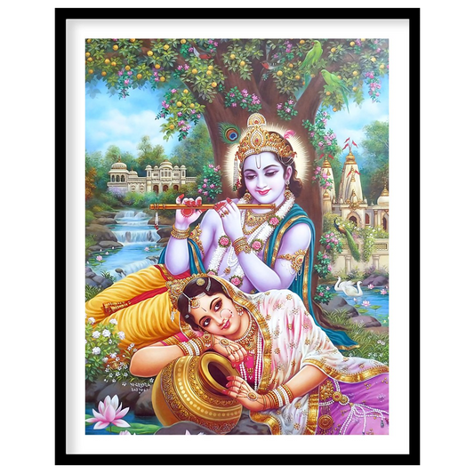 Immerse your space in the divine grace of Krishna and Radha, rendered in vibrant detail. This for interior