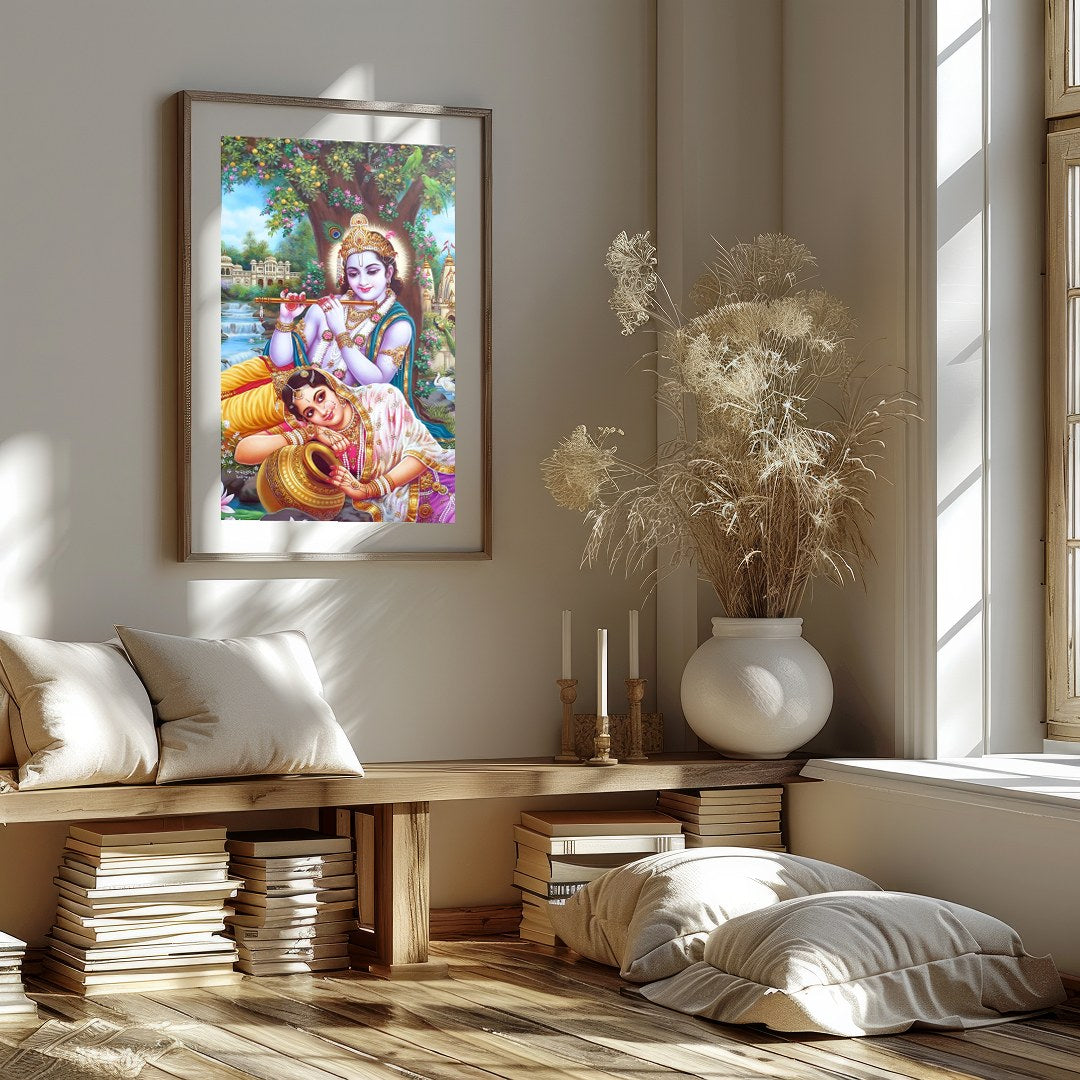 Immerse your space in the divine grace of Krishna and Radha, rendered in vibrant detail. This for kitchen